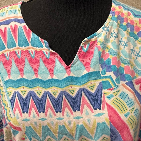 Alfred Dunner Studio Geometric Boho Top Blue Pink Tribal Print Large Soft - Picture 3 of 9